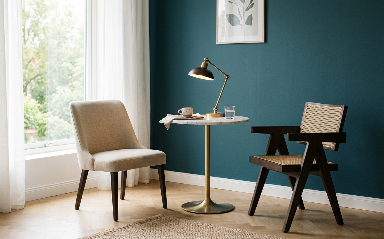 Two chairs facing each other across a small table in a quiet, bright room