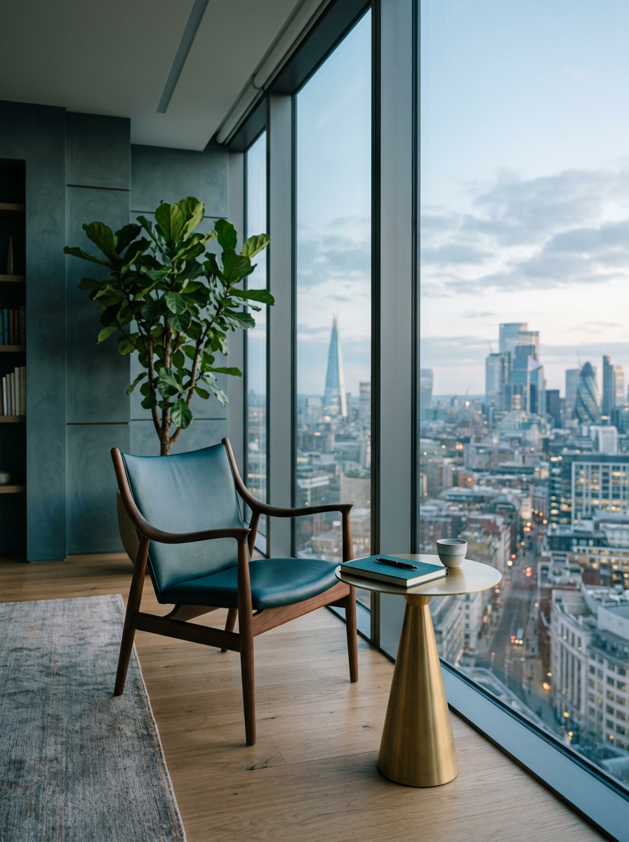 Quiet consulting room with a view over the city at dawn